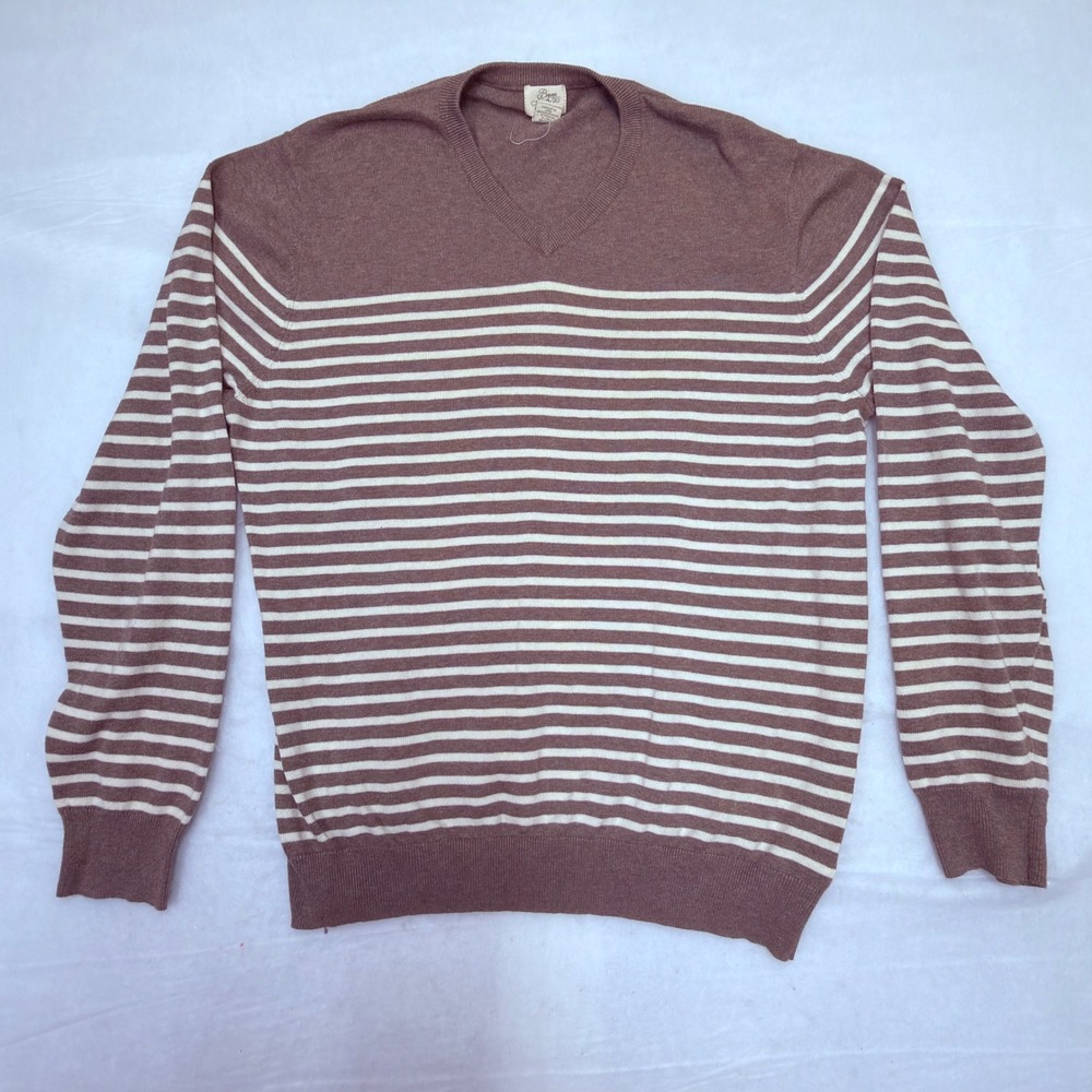 Bowen & Wright Mens XL Brown‎ Cream Striped V-Neck 100% Cotton Knit Sweater